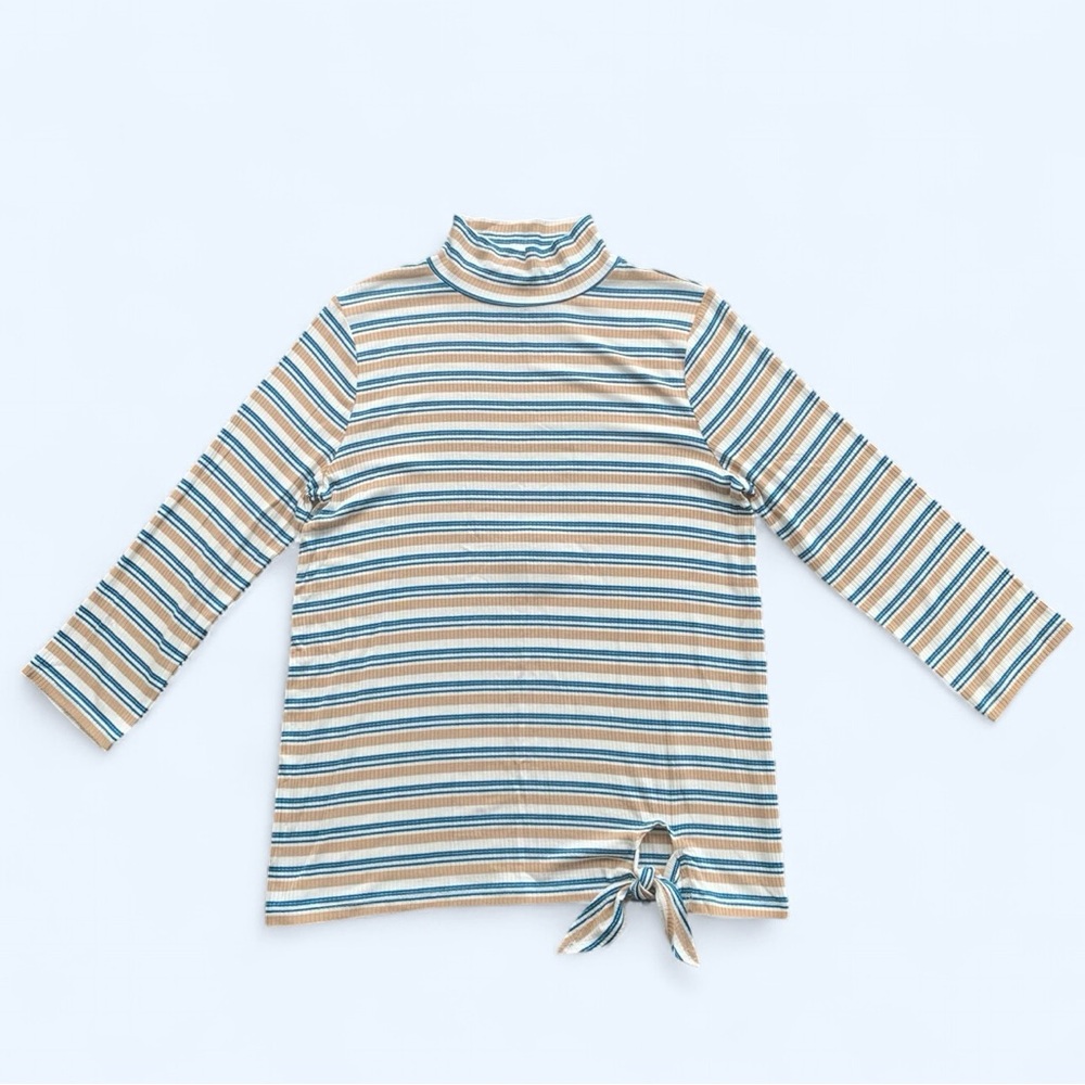 St. John’s Bay Striped Mock Neck 3/4 Sleeve Top in White/Tan/Blue Medium NWOT